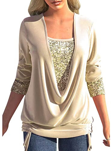 Tunika Damen Elegant Pailletten Oberteil Festliche Bluse 3/4 Arm Tunika Lässig Rundhals Glitzer Oberteile Langarmshirt