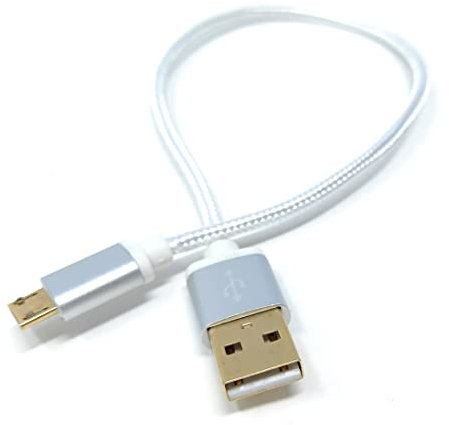 DRUT 30cm short Micro USB to USB 2.0 Fast Charger Braided Cable 24AWG, A-Male to Micro B Gold Connectors Lead 1ft Silver