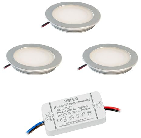 VBLED 3er-Set Einbauleuchten Extra flach Aluminium Silber 3000K mit LED Netzteil