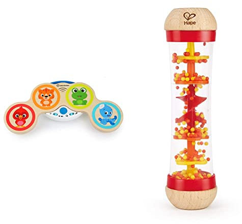Baby Einstein Magic Touch Wooden Drum Musical Toy, Ages 6 Months Plus & Hape Beaded Raindrops , Mini Wooden Musical Shake & Rattle Rainmaker Toy, Red
