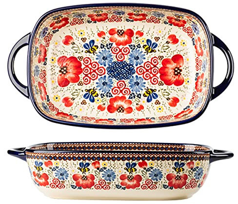 Bicuzat Keramik-Backform mit Griffen für Backofen/Kochen/Küche, Vintage-Blumen-Stil, 1 Stück, rote Blumen, 1,7 l