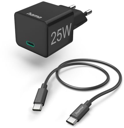 Hama Schnellladegerät, mit USB C Ladekabel (Set, Ladeadapter 25 Watt, USB Schnellladegerät, mit PD 3.0, Quick Charge, Kabel USB C auf USB C, USB C Ladegerät, schnellladen, klein, 1,5m Kabel) schwarz