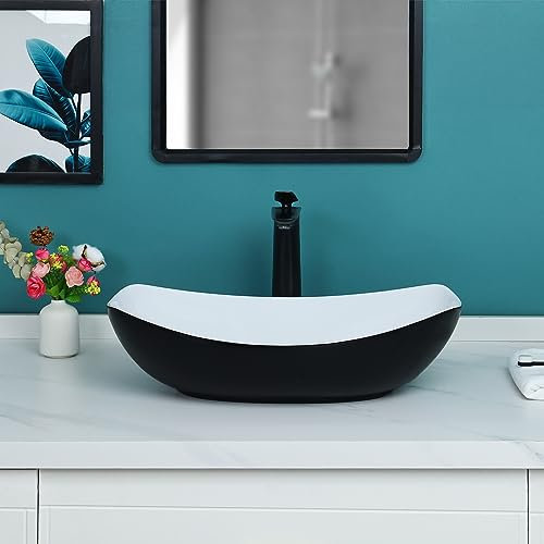 Davivy Évier ovale noir mat de 55,9 x 40,9 cm avec bonde pop-up, évier de salle de bain ovale, lavabo de salle de bain au-dessus du comptoir, évier en céramique, noir mat et blanc pour salle de bain