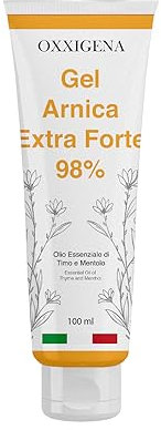 Oxxigena - Gel Arnica Extra Forte 98%, ad Azione Lenitiva e Balsamica, con Aggiunta di Olio Essenziale di Timo e Mentolo, Assorbimento Rapido, 100 ml