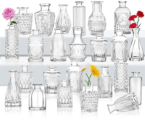 Glass Bud Vase Set 24, Small Flower Vases for Wedding Centerpiece Table Decorations Clear Vintage Embossed Mini Flower Arrangements in for Party or Home Room Decor