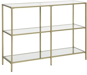 VBChome Konsolentisch 100x30x73 cm 3 Fächer Gold Eingangsmöbel Glas Metallrahmen Hartglas Wohnzimmer Schlafzimmer Beistelltisch Verstellbare Füße Aufbewahrungsregal 100x30x73 cm 3 Fächer Gold