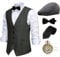 Gionforsy 20er Jahre Herren Wollartige Weste Kostüm Zubehör Set mit Hut Weste Fliege Krawatte Taschenuhr Gangster Accessoires Set für Great Gatsby Party Halloween Karneval Fasching (Schwarz, XL)