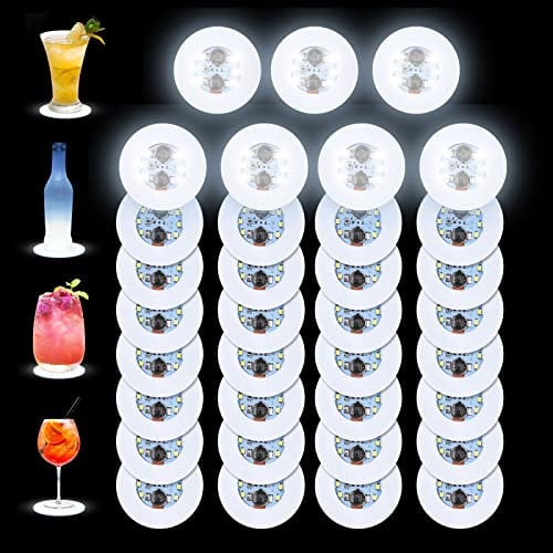 luolety LED Coaster, 35PCs Cup Mat LED Stickers Light Up Bar Coasters Tunnel Liquor Bottle Flash Light Cup Mat for Glass Beverage Mat Home Flashing Shots Light for Party, Wedding (White)