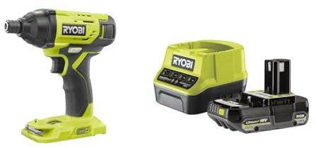 Ryobi - Visseuse à chocs 18V - 200 Nm - emmanchement hex 1/4- 1 batterie 2Ah et 1 chargeur rapide, Coffret antichocs 31 accessoires de vissage (PH/PZ/SL/HEX/TX)