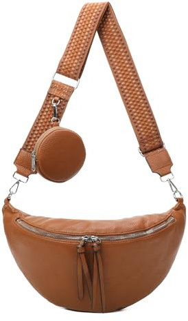 ITALYSHOP24 Damen Tasche Crossbody Schultertasche Gürteltasche Messenger-Tasche Hüfttasche Bauchtasche Umhängetasche Cross-Over Bodybag Handytasche Leder Optik Cognac L