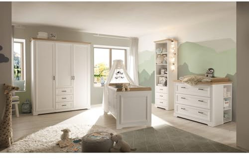 Babyzimmer Set 4-teilig, Kleiderschrank, Gitterbett, Standregal, Wickelkommode umbaubar zur Kommode, Landhausstil, Pine weiß mit Eiche