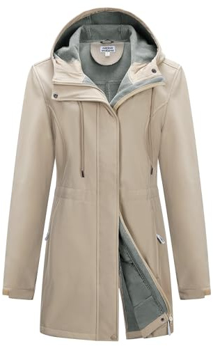 Outdoor Ventures Softshell Jacket Ladies Rain Jacket Functional Rain Coat Windbreaker Waterproof Hiking Jacket Breathable Outdoor Jacket with Hood for Spring Fall Winter Light Khaki XL