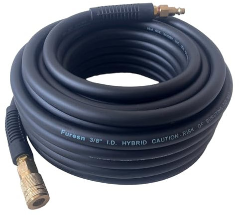 Air Hose 3/8 x 100ft Heavy Duty Lightweight Kink Resistant Hybrid Air Compressor Hose with 1/4 Solid Brass Connectors Bend Restrictor 300PSI (300ft, Black)