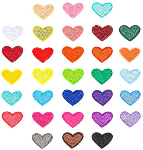 Bremorou Parches para coser, 31 piezas de corazones para planchar, mini parches en forma de corazón, parches bordados para manualidades, patrones de corazón, para ropa, bolsos, sombreros, mochilas