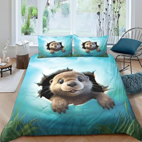 JCAKES Gras Otter Bettwäsche Wilde Tiere 3D Druck Bettwäsche Mit Bettbezug, Und Kopfkissenbezüge, Mit Mikrofaser Reißverschluss, Weiche Bequemer Erwachsene Teenager 3 Teilig Double(200x200cm)