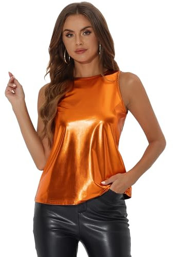 Allegra K Damen Pailletten Oberteil Metallic Glitzer Ärmellos Club Party Camisole Tank-Tops Dunkel Orange S