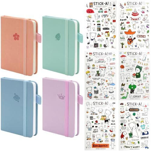 4 Stück Tragbares Notizbuch A7 mit 6 Aufkleber, Farbe Hardcover Notizbücher Aufzeichnung von Memos und Zeitplänen, Taschen Notizblock Klein für Kinder und Erwachsene