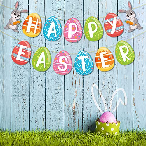 Happy Easter Banner Girlande,Osterei-Thema Banner,Frühling Ostern Bunt Banner,Cartoon Kaninchen Osterbanner,Frohe Ostern Girlande,Ostereier Spiral zum Aufhängen für Osterdeko Partyzubehör (1Satz)