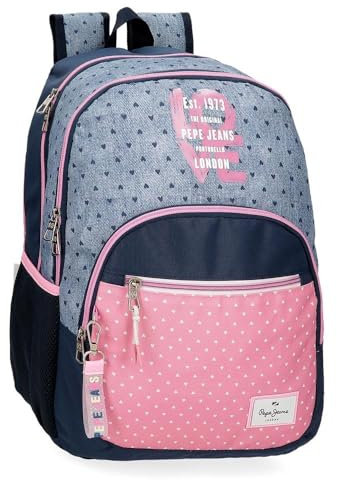 Pepe Jeans Joumma Bags - Zaino da scuola, blu e rosa, in poliestere, spallacci regolabili, per un comodo trasporto, vari scomparti, con portachiavi pompon, multicolore, Zaino 46