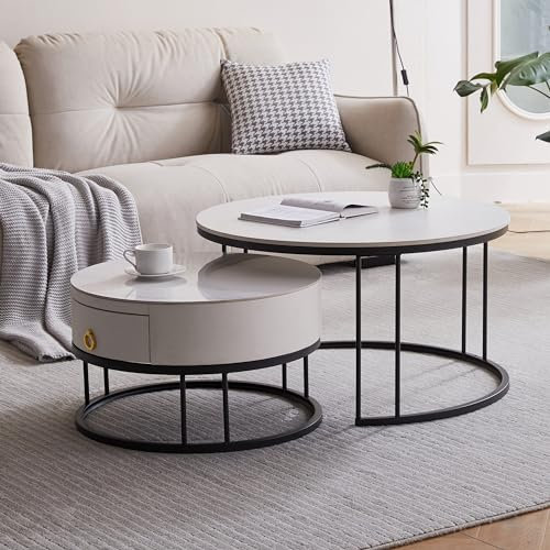 okwish Runden Couchtisch 2er Set, Moderne Wohnzimmertisch mit Marmoroptik, Hochglänzend Satztisch mit Stauraum, für Wohnzimmer, Balkon und Büro, Metallgestell, Weiß und Schwarz