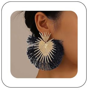 Inateannal Exaggerated Heart Dangle Earrings Large Fan Tassel Earrings Gold Starburst Drop Earrings Bohemian Tassel Statement Earrings Jewelry for Women Girls(Black)