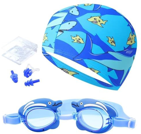 Set Di Cuffia E Occhialini Da Nuoto, Set Cuffia Piscina Per Bambini, Occhiali Da Nuoto Con Cuffia A Forma Di Squalo, Cuffia Da Elastico, Occhialini, Tappi Per Le Orecchie
