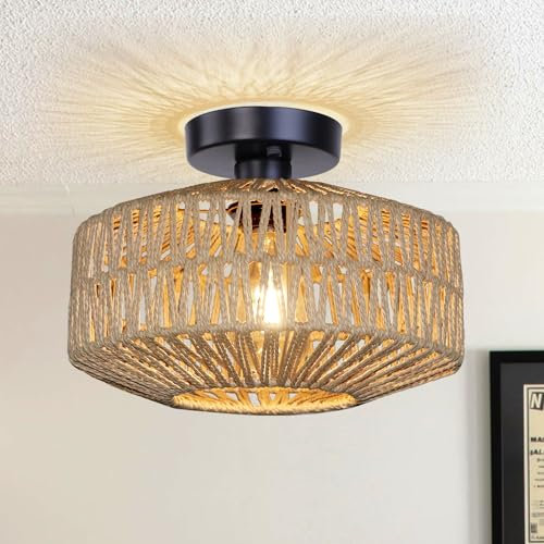 KMaiPem Boho Deckenlampe Wohnzimmer, 1 Licht Handgewebter Rattan Deckenleuchte Schlafzimmer, Natürliche Bauernhaus Deckenleuchten für Küche, Modern Rustikal Kronleuchter für Eingangsbereich, Flur