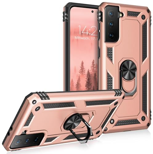 LBH Outdoor Hülle für Samsung Galaxy S21 Armor Militär Stoßfest Handyhülle 360 Grad Metal Ring Halter Ständer Schutzhülle für Handyhalterung Auto Magnet Rosegold