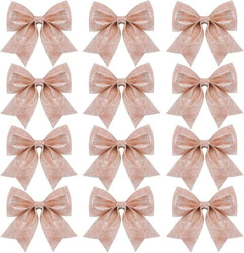 DERAYEE 12pcs Weihnachten Bogen Dekorationen,Weihnachtsbaum Bogen,Weihnachten Bögen Dekoration Pailletten Bögen Xmas dekorative Bögen Ornamente Weihnachtskränze (Roségold)