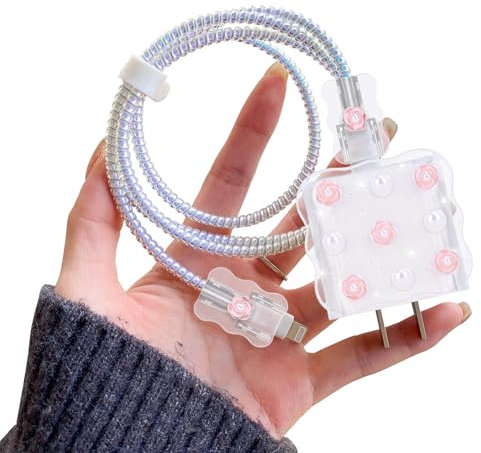 DiyGody Glitter Set de Protección para Cargador de 18/20W Compatible con iPhone, Protector de Cargador con Diseño de Perlas Rosas 3D, Protector de Cable USB-C Tipo-L, Previene Cable Wrap Enrede Rompa