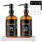 ILIKEPOW Amber Glass Soap Dispenser 500ml, Washing Up Liquid Bottle with Stainless Steel Pump, Labels and Tray for Kitchen, Bathroom & Shower, Hold Body Wash, Shampoo, Lotion, Hand & Dish Soap, 2 Pack
