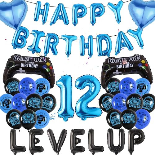 12th Birthday Decorations Banner Boys - Video Game Party Decoration Set Happy Birthday Banners Hearts and Gaming Controller Foil Balloons for Kids 12 Years Old Party Supplies