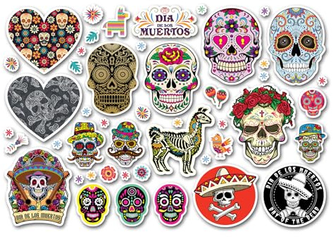 Foglio di adesivi A4 con teschi, adesivi in vinile – Giorno messicano dei morti, uomini, donne, bambini, hobby, viaggi, scrapbooking, diario, decorazione, regalo, #82169