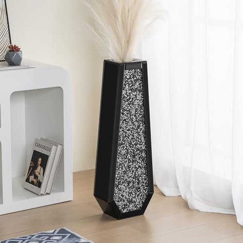 SHYFOY Large Tall Floor Vase, 76cm Indoor Modern Tall Vases Silver with Crystal Diamond and Mirror Design for Living Room Floor Decoration, Black