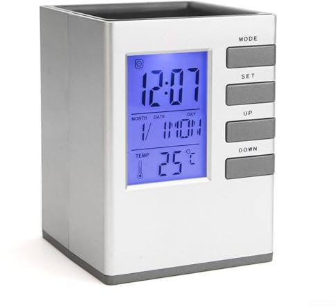 Zeroupshop Moderner grauer Schreibtisch-Stifthalter mit LCD-Uhr und Kalender