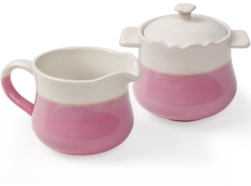 INGOFIN Ceramic Sugar and Creamer Set, 2-Piece French Style Cream Pitcher and Sugar Bowl with Lid, Coffee and Tea Serving Set for Home and Kitchen, Microwave & Dishwasher Safe, Pink and Beige
