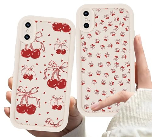 Zrutru 2 Pack Cherry Phone Case for iPhone Xs Max 6.5,Cute Aesthetic Cases Kawaii Bow Design Pattern Cover for Girls Women,Beige Soft Anti-Scratch Shockproof Protection Funda for iPhone Xs Max