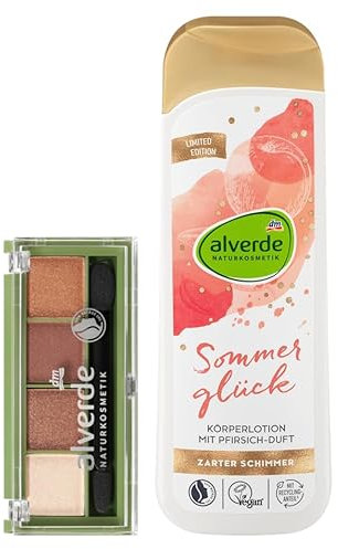 alverde NATURKOSMETIK 2er-Set Kosmetik & Hautpflege: Lidschattenpalette Quattro 39 DESERT WONDERS mit vier Bronze- & Goldtönen, 4,4 g + Schimmerlotion SOMMERGLÜCK Bodylotion mit Pfirsich-Duft, 250 ml
