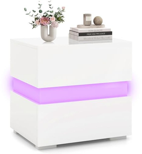 AUNEK LED Bedside Table, Modern Nightstand Bedside Cabinet with 2 Drawers, 16 Adjustable RGB Lights and Remote Control, 4-Side High Gloss White Side Table for Bedroom, Living Room, Home
