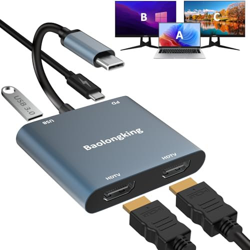 baolongking USB C to Dual HDMI Hub Adapter 4 in 1 Splitter for 2 Monitors,4K@60Hz,USB3.0,PD 100W Ports,Type C to Dual HDMI Adapter Multiport for MacBook Pro/Air Extended Display