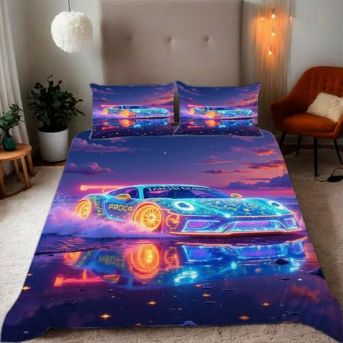 Zbeiba Bettwäsche 135x200 Glühendes Auto am Meer Muster 3D Drucke geeignet für Teenager Kinder Bettwäsche-Set Mikrofaser Bettbezug Mit Reißverschluss Und 2 Kissenbezug (135x200+2 * 50x75,#4
