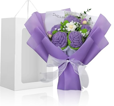 Foyucool Bouquet di Fiori all'Uncinetto, Mazzo di Fiori Fatto a Mano con Confezione Regalo, Decorazioni per Interni, Regalo per Donna, Ideale per Compleanni, Natale e San Valentino, Violetta