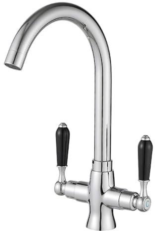 Heable Chrome Kitchen Sink Mixer Tap with Black Ceramic Dual Lever Monobloc Victorian Style Kitchen Taps 1 Hole Elegant Swivel Mono Traditional Sink Faucet with UK Standard Fittings