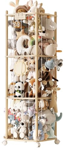 Stuffed Animal Storage,Wood Stuffed Animal Storage Zoo with Wheels,Vertical Stuffed Animal Holder with Thicker Elastic Band, Toy Storage Organizer Kids for Playroom, Living Room, Nurseryroom, Bedroom