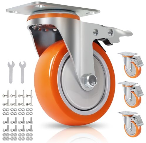 BAOLIHUI 100mm Schwerlast Lenkrollen mit Bremse, 600kg Tragkraft, 4er Set Industrie Transportrollen aus PU, 360° drehbar, Totalfeststeller, inkl. Montagematerial für Werkbank & Transportwagen