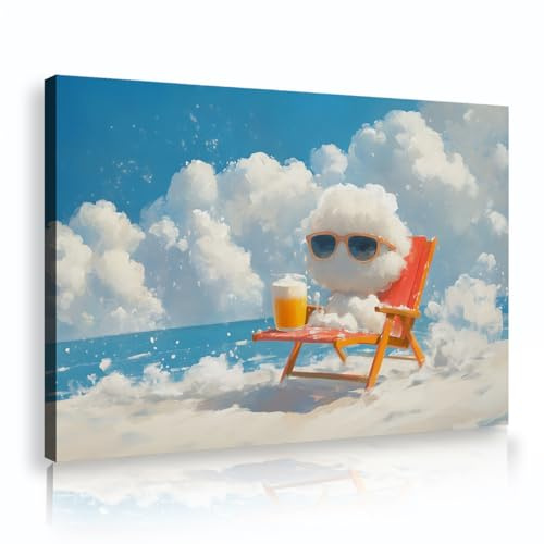 SHENGPOSTER Cute Clouds Beach Bilder-Leinwand-Poster-Druck Helle, niedliche Figurenumriss, Liegestuhl, Wandkunst, Kinderzimmer, Jugendzimmer, Schlafzimmer-Wanddekoration, Innenrahmen 20x28cm
