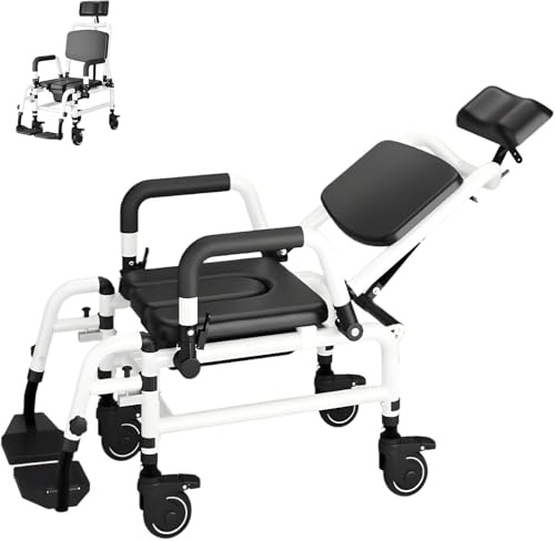 GZGHRZQS Commode Chair for Toilet, Disabled Shower Chair, Wheeled Commode Chair, with Soft Seat Padding and Brakes, Tilt-In-Space Reclining Shower Toilet Wheelchair with Commode Pail
