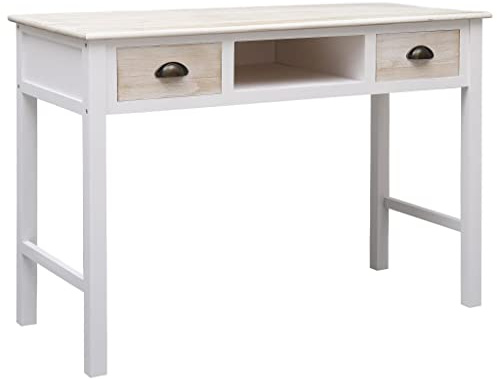 XHNIFBN Konsolentisch 110x45x76 cm, Pappel/Paulownia, 2 Schubladen, offenes Fach, Natur/Weiß, platzsparend für Flur, Schlaf-, Wohnzimmer
