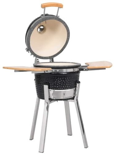 Kamado Grill BBQ Smoker Keramik 33 cm mit großem Grillrost, Thermometer und klappbaren Seitenablagen für Grillen, Backen, Räuchern, Kochen und Garen, Edelstahlfüße