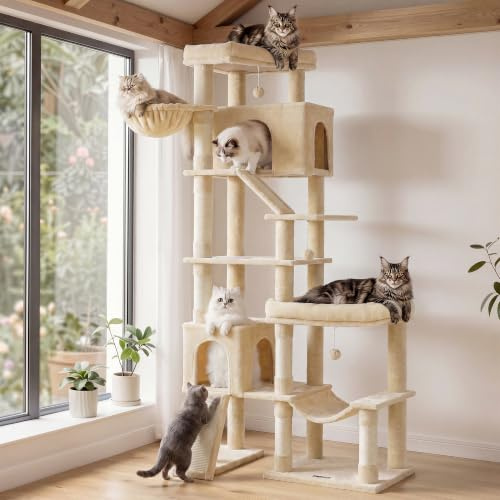 Feandrea Kratzbaum groß, Katzenbaum XXL, 6 Sisalstämme und Plüsch, 2 Kratzbretter, 6 Ruhebereiche, 105 x 45 x 202 cm, Beige, für Große Katzen, Clawfy Kollektion PCT020Y101